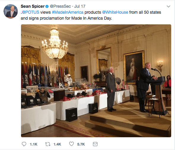 Screenshot of Sean Spicer tweet - POTUS views #madeinamericaproducts #Whitehouse from all 50 states and signs proclamation for Made in America Day